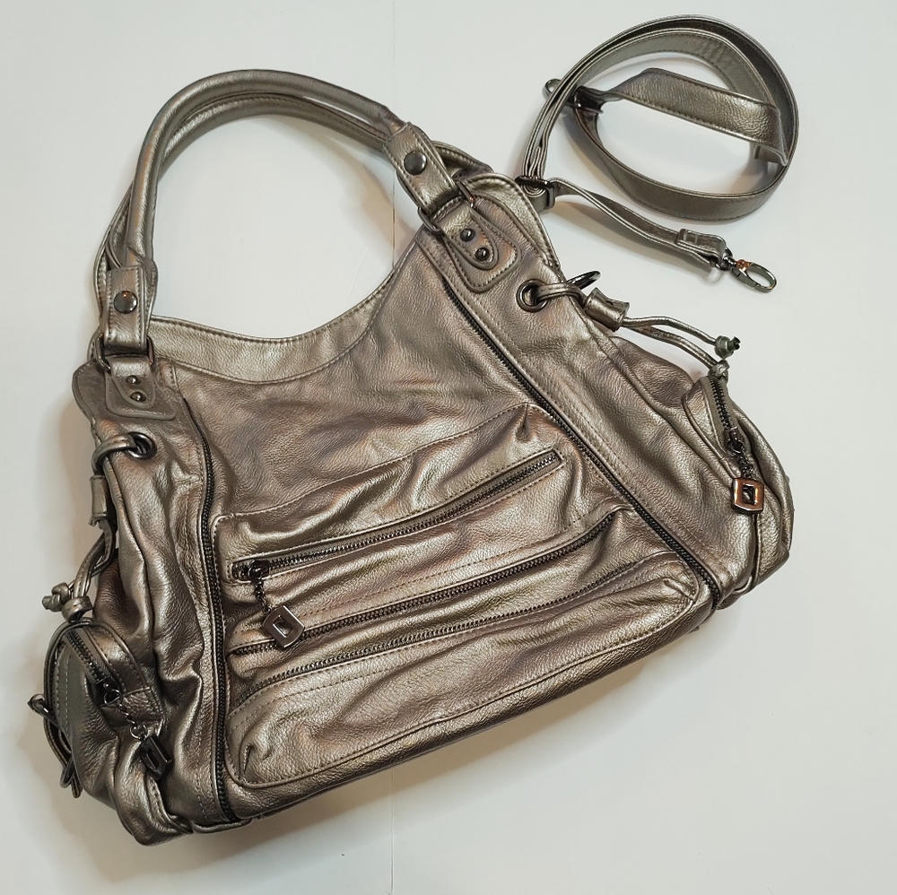 Array metallic pewter genuine leather multi pocket slouchy shoulder bag